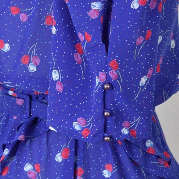 80's Vintage Floral Belted Peplum Formal Dress - 4 - Picture 6 of 13